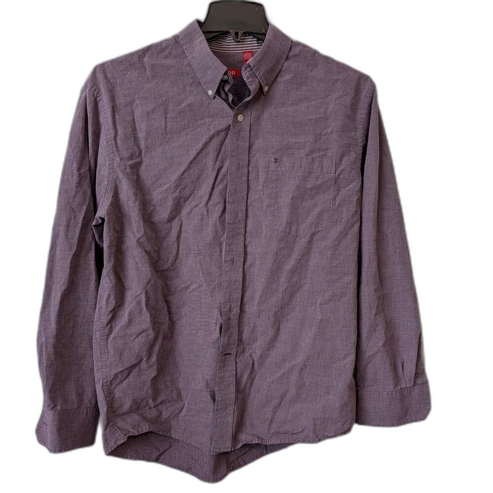 IZOD Shirt Men's Large Purple Solid Button Up Long Sleeve Cotton Casual